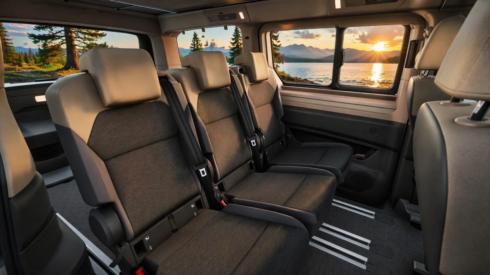 Útulný interiér VW California za soumraku — campervan v zimě