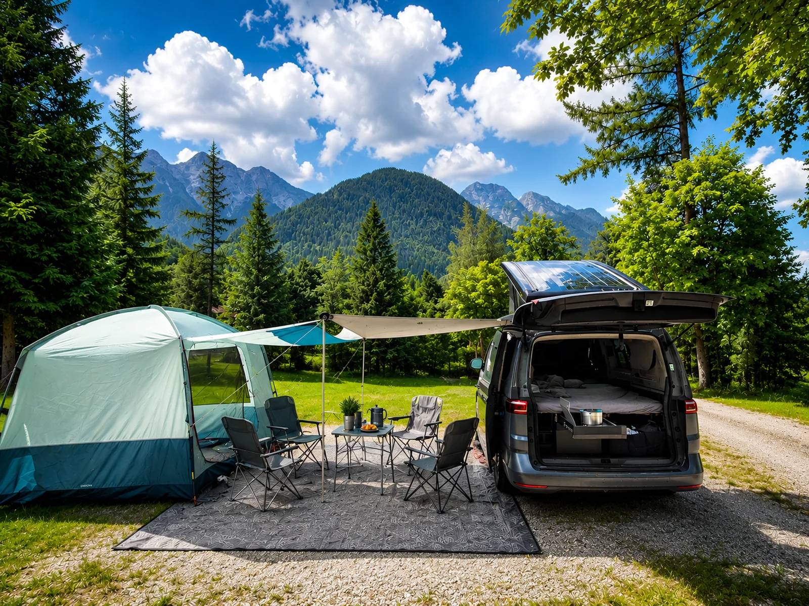 VW California Beach T7 v kempu pod alpskými horami — Rakousko